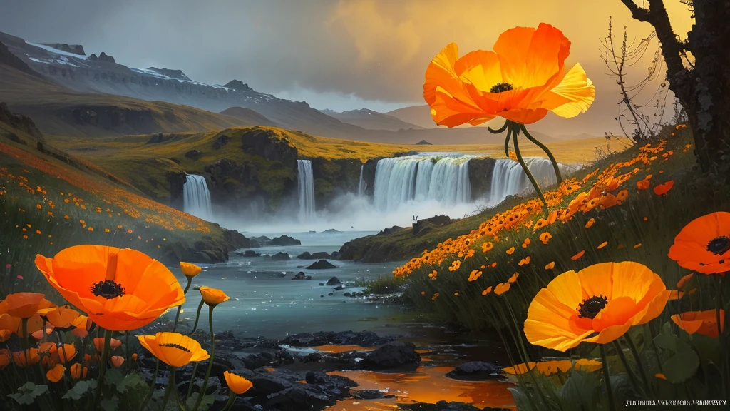 32k, Masterpiece, Highest quality, One girl, Detailed eyes, flower,Iceland Poppy, Orange and yellow style,A dreamy, romantic piece,Pale yellow, Mysterious Leaves,A playful arrangement,Fantasy,High Contrast,Ink strokes,explosion,Exposure, Impression of orange and yellow tones,Abstract,((Watercolours by John Berkey and Jeremy Mann )) Brush strokes,Negative Space, Tyndall effect,