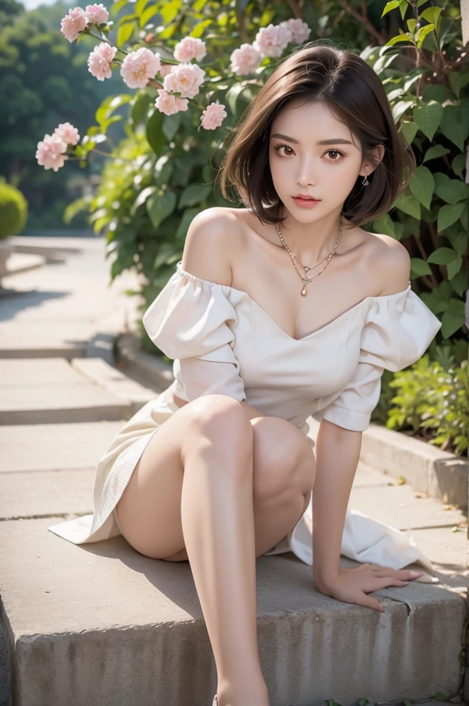 Beautiful slim legs, (Above the knee images:1.4), Mouth open, Off the shoulder, Beautiful girl, Hair that falls over the shoulders, Clear Eyes, Smooth Hair, Exquisite and perfect features, The most beautiful big eyes, Long eyelashes, The gentle eyes of a lying silkworm, Pouting, Dynamic Angle, Ultimate image quality, Highest precision, Accurate and perfect human body, necklace, Beautiful valley, close, Outdoor, The background is flowers and plants, Long Shot,