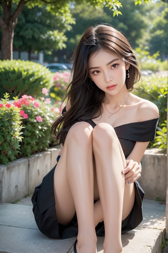 Beautiful slim legs, (Above the knee images:1.4), Mouth open, Off the shoulder, Beautiful girl, Hair that falls over the shoulders, Clear Eyes, Smooth Hair, Exquisite and perfect features, The most beautiful big eyes, Long eyelashes, The gentle eyes of a lying silkworm, Pouting, Dynamic Angle, Ultimate image quality, Highest precision, Accurate and perfect human body, necklace, Beautiful valley, close, Outdoor, The background is flowers and plants, Long Shot,
