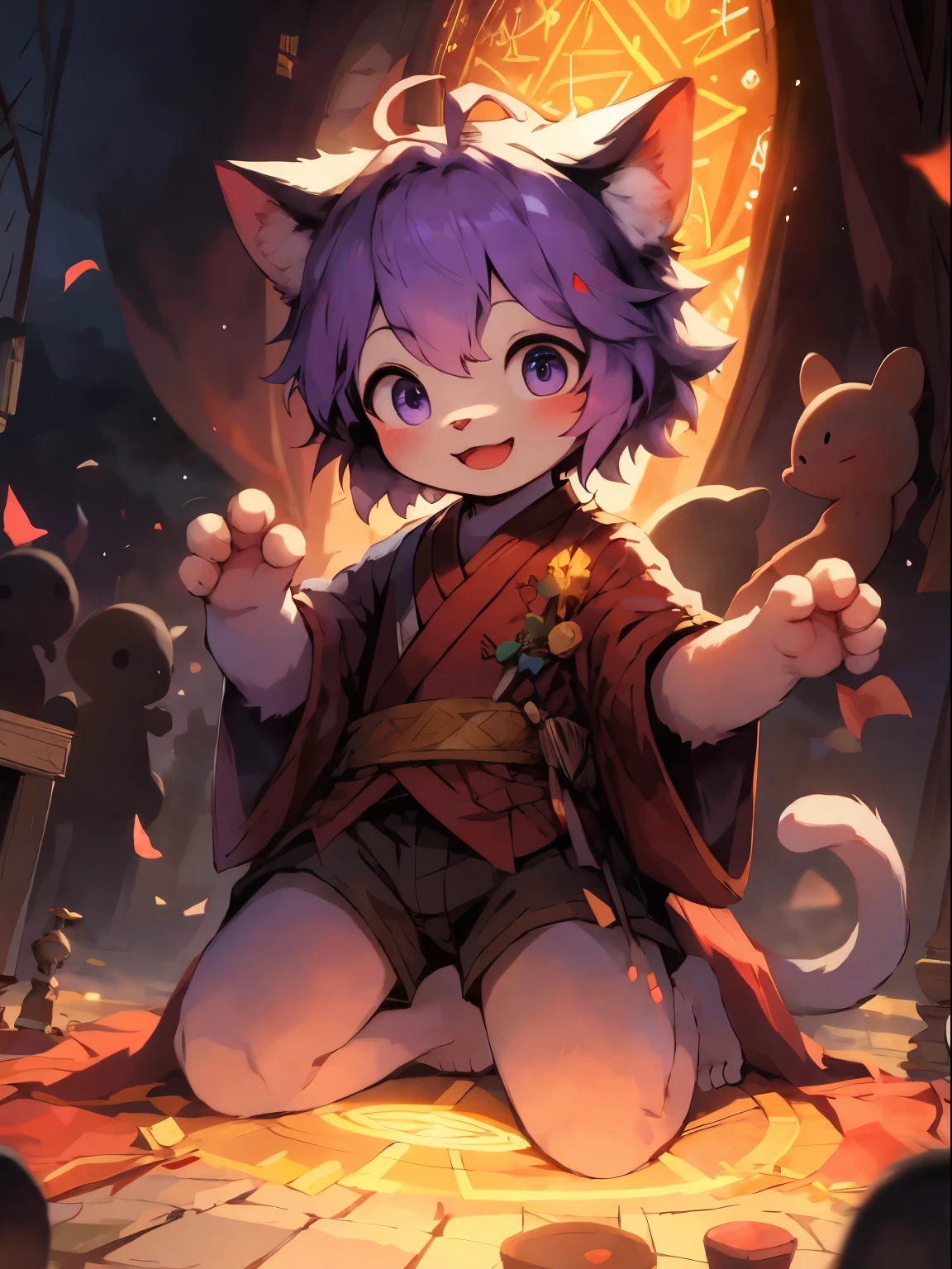 Men,Q version,(Children), cute, Kneeling, Masterpiece, high resolution,8K,Detailed background,high quality,Boys have strong sexual desire,(((solo))),Red clothes,Hanfu,barefoot:0.6),Looking at the audience,Viewing angle,From the front,Like a dream,magic,Soft light effects,mystery,Magic Circle,Happy expression,shorts,Purple hair,Cat-like hands and feet, whimsical