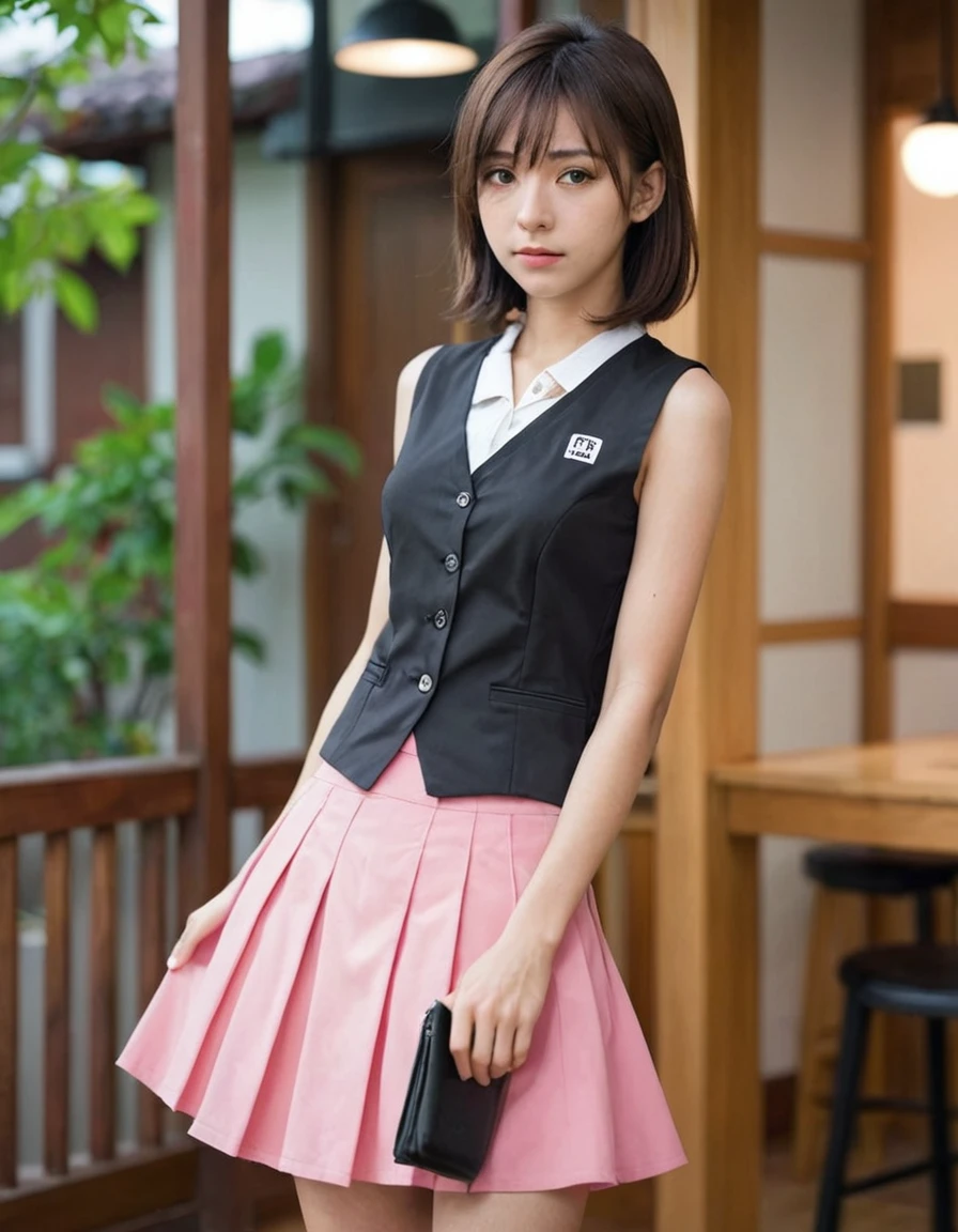 (Masterpiece, Best Quality:1.2), 1 girl, Alone,standing_to divide,
Yuuki Mikan, wide,negro sleeveless short vest,pink skirt,negro