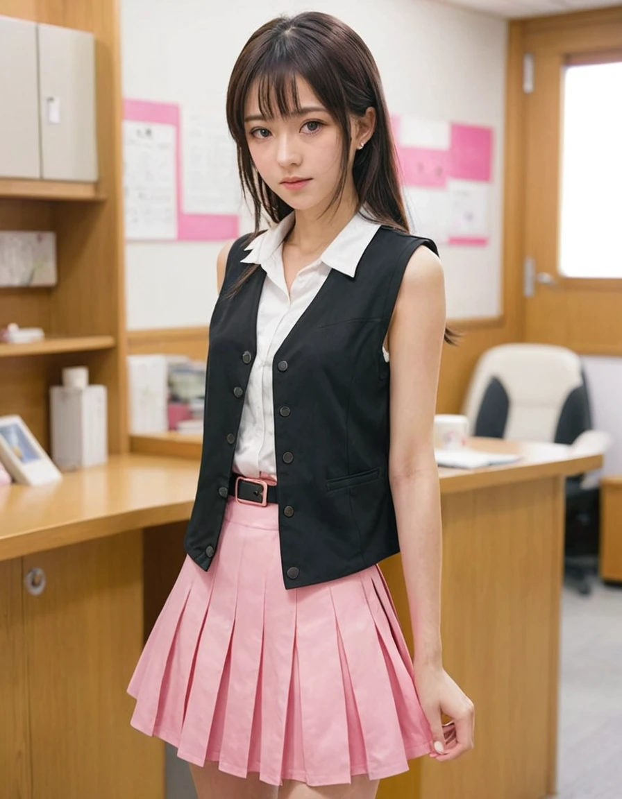 (Masterpiece, Best Quality:1.2), 1 girl, Alone,standing_to divide,
Yuuki Mikan, wide,negro sleeveless short vest,pink skirt,negro