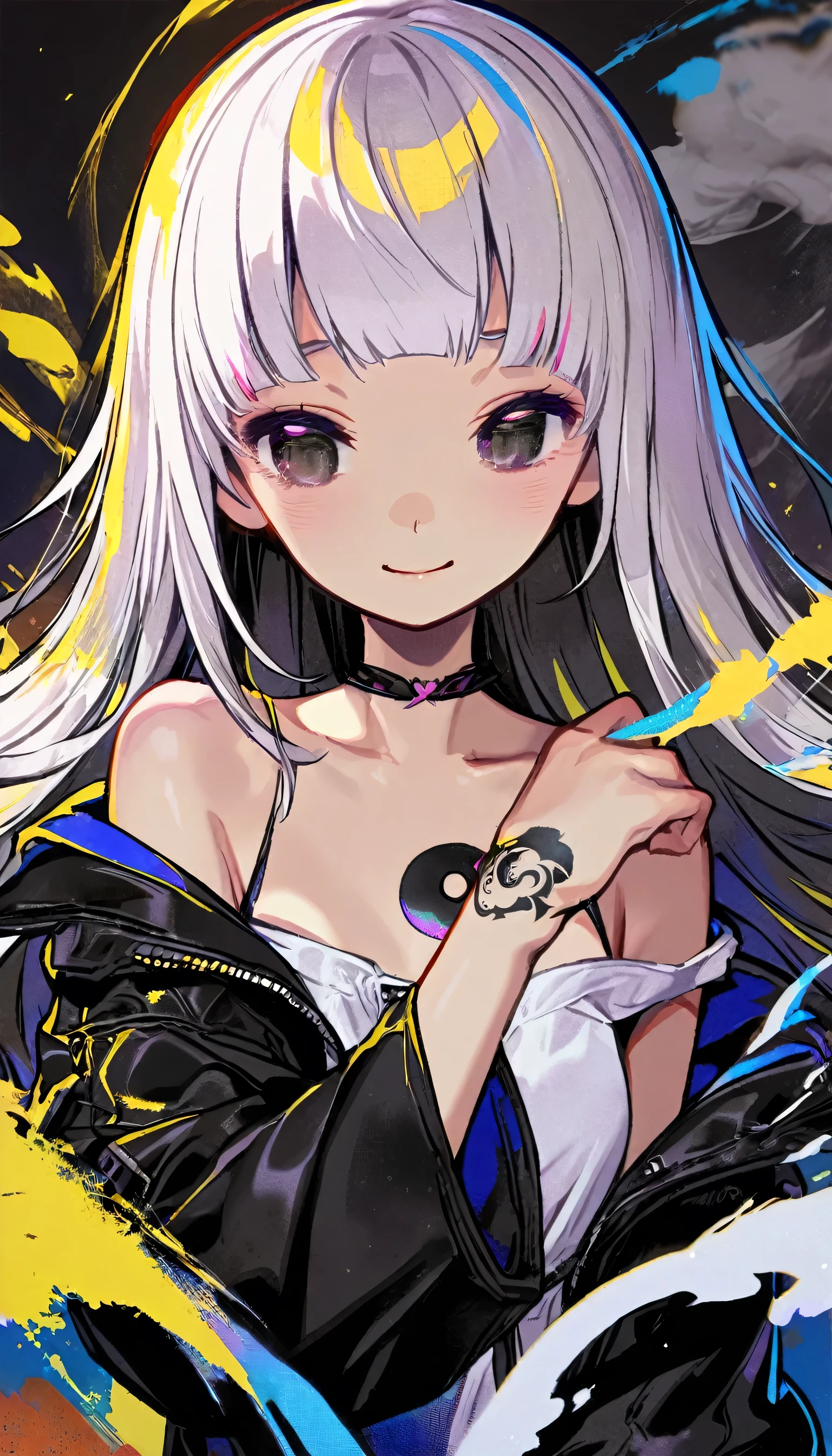 1girl, kawaii, melancholy expression, light smile, long hair, bangs, long cropped bangs hide both eyes, bare shoulders, jacket, upper body, white hair, blunt bangs, off shoulder, open jacket, black jacket, hair over eyes, arm tattoo, shoulder tattoo, Around the girl are splashes of black and white paint or ink that reflect the colors of the yin-yang symbol behind her  Smoke and fog intertwined with the paint splashes add to the dramatic effect,