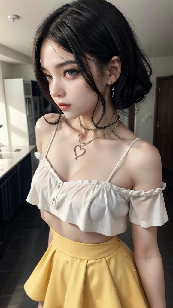 Black hair gothic woman with white, yellow eyes, mini skirt, short blouse with heart neckline 