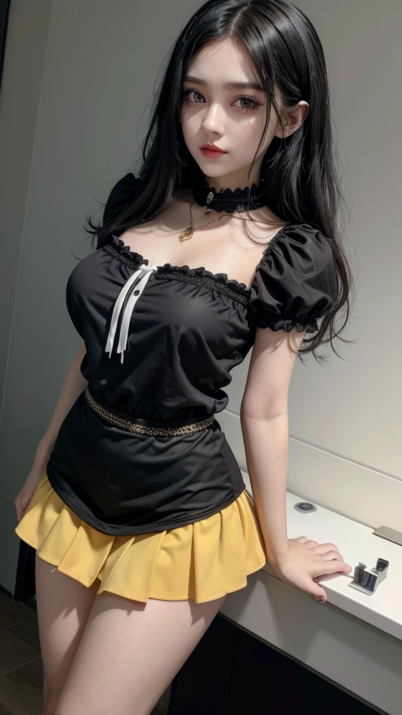 Black hair gothic woman with white, yellow eyes, mini skirt, short blouse with heart neckline