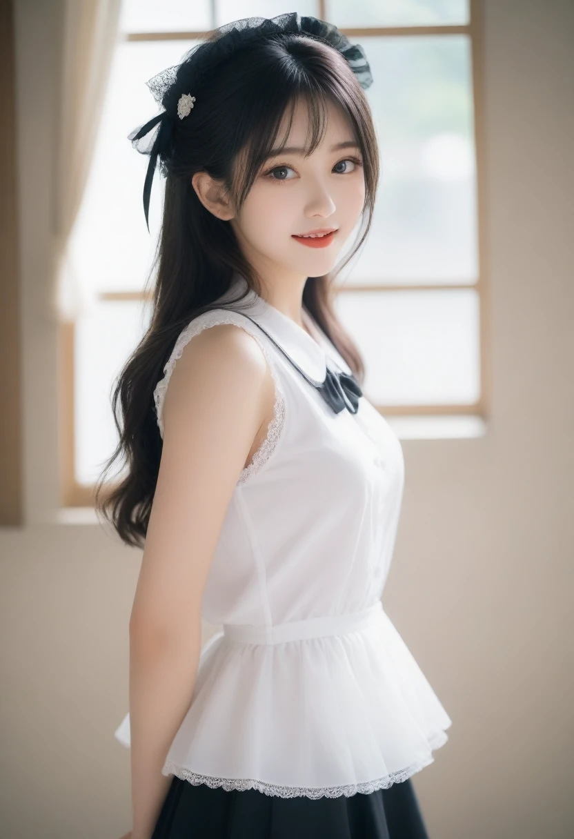 8K, Ultra-high resolution, Highest quality, masterpiece, 三分割法によるphotograph,Surreal, photograph, 1 girl, (:1.3), pretty girl, Cute face, Beautiful eyes in every detail, 細かくdetailedに,masterpiece,, One Girl:1.2, Japan Female Announcer,Young Wife,whole body、Black Hair、well-groomed eyebrows,Slutty Lip Makeup,1 Woman Standing, ,((White bondage and white gothic lolita)),PenSkirt、Black Stockings,Black high heels,Cute gestures、so beautiful,A carefree smile,Healing the heart,blunt bangs,Looking at the audience、beauty,Long neck、Laugh a little、Please close your mouth and laugh、(((Ideal body type))),A-cup small breasts :2,、Portraiture:2、Perfect Anatomy、鮮明なdetailed、detailed、Surreal、Light and shadow,Strong light