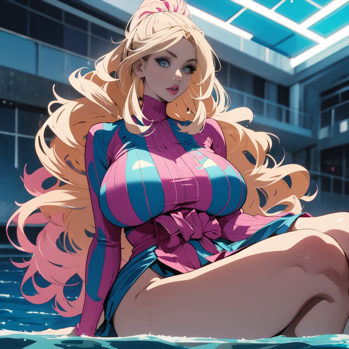A woman, anime woman, blonde hair with pink tips, long hair, wavy hair, blue eyes, big eyes, fat lips, big lips, pink lips, wide hips, big ass, big thighs, completely naked, next to a large and luxurious pool, in a penthouse