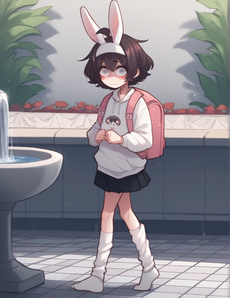 1 girl, alone, ppka, black fur, short hair, messy fur, Ahoge, parts, parts por todo el cuerpo, grey eyes,  eyes, kind eyes, very nervous, blushing, looking at the viewer,
Walking in the square, fountain, Cafeteria, 
white sweatshirt, large sweatshirt, mini skirt, mini skirt de cuadros, mini skirt rosa, leg warmers, white socks,  pink backpack, backpack with white drawings, white rabbit ears headband

