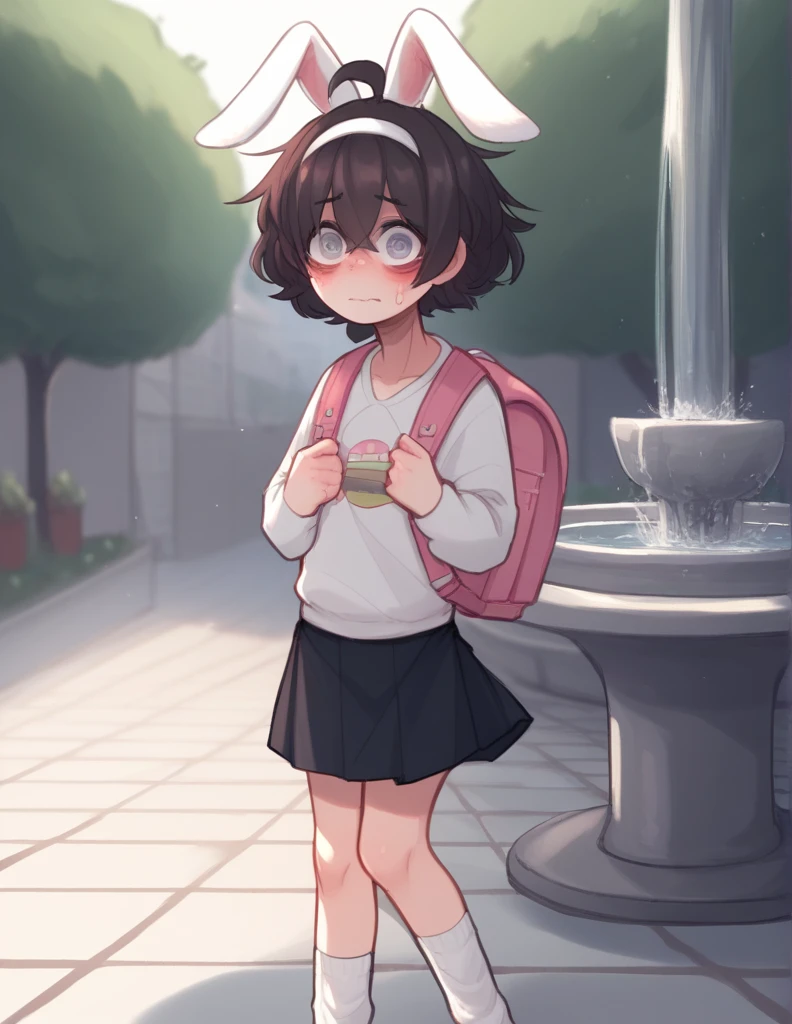 1 girl, alone, ppka, black fur, short hair, messy fur, Ahoge, parts, parts por todo el cuerpo, grey eyes, blind eyes, kind eyes, very nervous, blushing, looking at the viewer,
Walking in the square, fountain, Cafeteria, 
white sweatshirt, large sweatshirt, mini skirt, mini skirt de cuadros, mini skirt rosa, leg warmers, white socks,  pink backpack, backpack with white drawings, white rabbit ears headband

