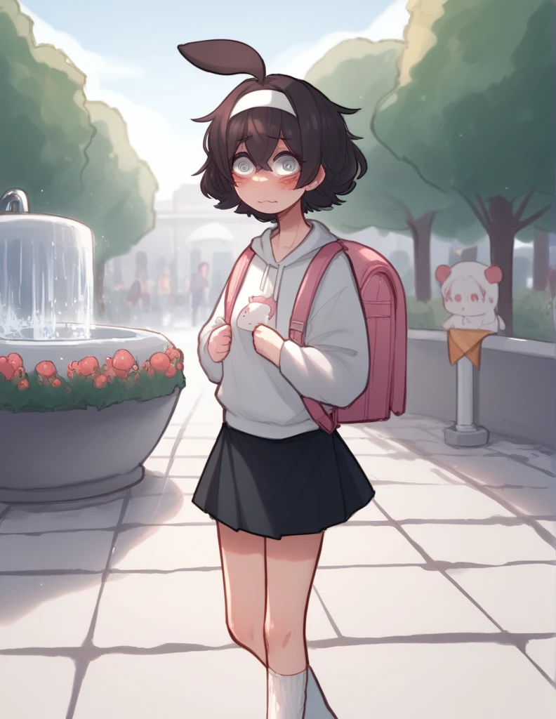 1 girl, alone, ppka, black fur, short hair, messy fur, Ahoge, parts, parts por todo el cuerpo, grey eyes, blind eyes, kind eyes, very nervous, blushing, looking at the viewer,
Walking in the square, fountain, Cafeteria, 
white sweatshirt, large sweatshirt, mini skirt, mini skirt de cuadros, mini skirt rosa, leg warmers, white socks,  pink backpack, backpack with white drawings, white rabbit ears headband

