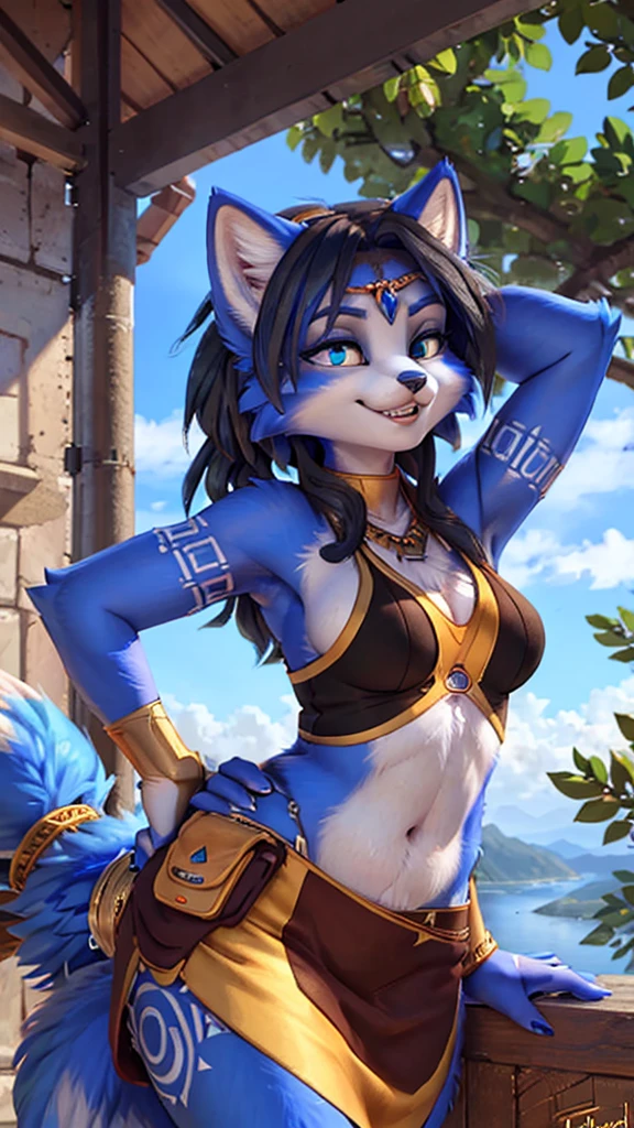 A beautiful and detailed (sweet portrait) wa ((Krystal)), Star Fox Krystal, sslim, lovable, green eyes, medium breasts, (((Long blue hair 1.3))), ((black hair tips)), Decollete, grin, look up,, anthro, furry, Uploaded E621, detailed fluffy fur, (wa Fluff-Kevlar, Bayard Wu, Personalami, Pino Daeni), detailed face, (fluffy), 1 girl, alone, Tribal clothing, sweet girl,