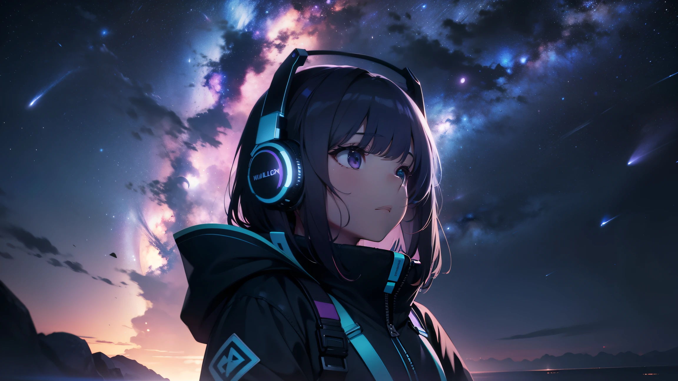 A girl wearing headphones looking up at the night sky where the large purple-blue Milky Way galaxy can be seen beyond the horizon.. Distant shots. cinematic. wide angle. 4k.