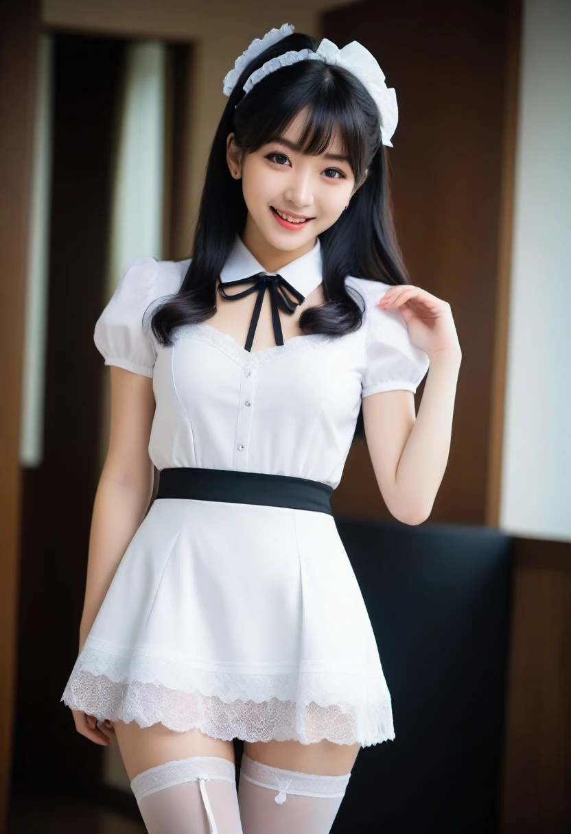 8K, Ultra-high resolution, Highest quality, masterpiece, 三分割法によるphotograph,Surreal, photograph, 1 girl, (:1.3), pretty girl, Cute face, Beautiful eyes in every detail, 細かくdetailedに,masterpiece,, One Girl:1.2, Japan Female Announcer,Young Wife,whole body、Black Hair、well-groomed eyebrows,Slutty Lip Makeup,1 Woman Standing, ,((White bondage and white gothic lolita)),PenSkirt、Black Stockings,Black high heels,Cute gestures、so beautiful,A carefree smile,Healing the heart,blunt bangs,Looking at the audience、beauty,Long neck、Laugh a little、Please close your mouth and laugh、(((Ideal body type))),A-cup small breasts :2,、Portraiture:2、Perfect Anatomy、鮮明なdetailed、detailed、Surreal、Light and shadow,Strong light