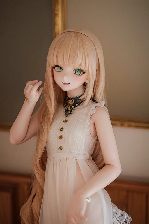 ((highest quality)), ((masterpiece)), (extremely detailed), kukolnydom, doll, ciel_synduality_noir, strawberry blonde hair, green eyes, long hair, blunt bangs, mature woman, solo, dynamic pose, seductive smile, 8k