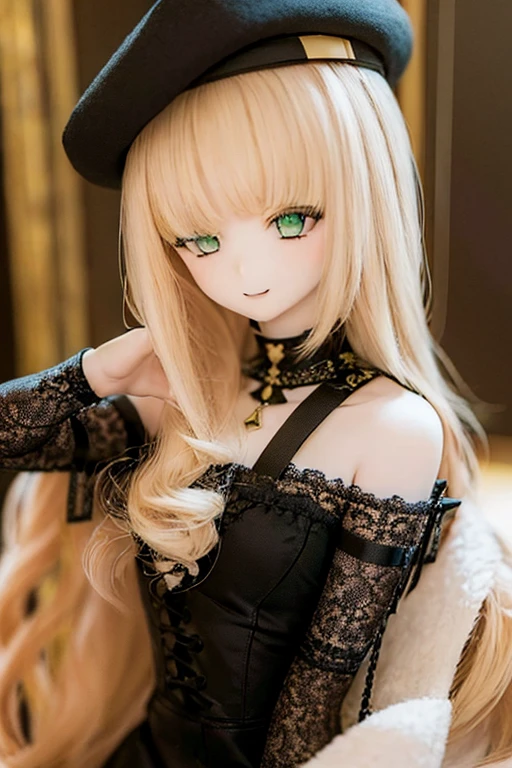 ((highest quality)), ((masterpiece)), (extremely detailed), kukolnydom, doll, ciel_synduality_noir, strawberry blonde hair, green eyes, long hair, blunt bangs, mature woman, solo, dynamic pose, seductive smile, 8k