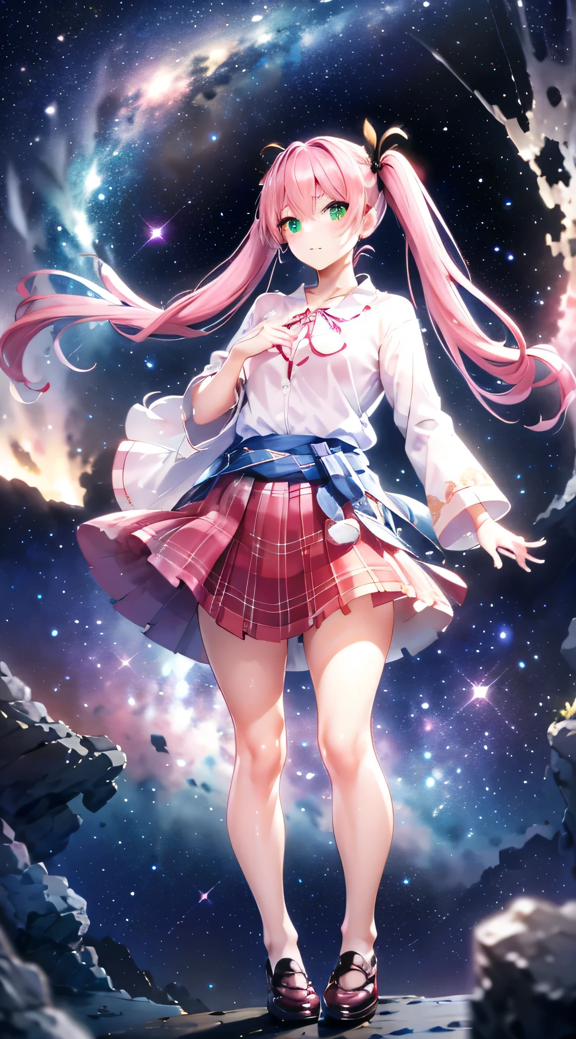High detail, Super detailed, Ultra-high resolution, A girl having fun in a dreamlike galaxy, Surrounded by stars, The warm light that shines on her, Starry background with colorful galaxies and galactic clouds, The stars fly around her, Add a playful touch ,(((Pink long hair)))、(((Half Twin Tail)))、独奏、Green Eyes、skirt、(((long back hair)))、shirt、shoes、(Blue waistband)、White shirt、((Plaid skirt))、(Plaid)、sleevesa rolled up、chest、Collared shirt、ribbon、Knee-high、bangs、shoes、(Brown skirt)、Red ribbon、(Brown pleated skirt)、Mouth closed、Neck ribbon、Medium breast 、Beautiful female fingers、Accurate Fingers、