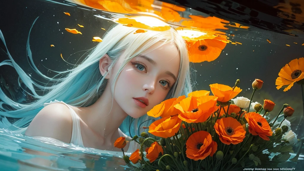32k, Masterpiece, Highest quality, One girl, Detailed eyes, flower,Iceland Poppy, Orange and yellow style,A dreamy, romantic piece,Pale yellow, Mysterious Leaves,A playful arrangement,Fantasy,High Contrast,Ink strokes,explosion,Exposure, Impression of orange and yellow tones,Abstract,((Watercolours by John Berkey and Jeremy Mann )) Brush strokes,Negative Space, Tyndall effect,