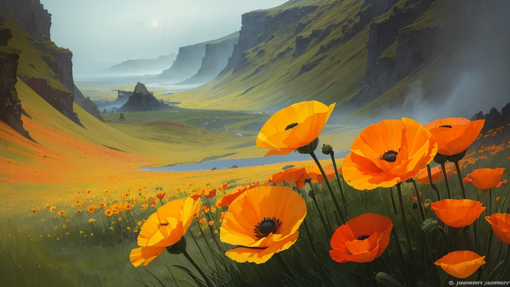 32k, Masterpiece, Highest quality, One girl, Detailed eyes, flower,Iceland Poppy, Orange and yellow style,A dreamy, romantic piece,Pale yellow, Mysterious Leaves,A playful arrangement,Fantasy,High Contrast,Ink strokes,explosion,Exposure, Impression of orange and yellow tones,Abstract,((Watercolours by John Berkey and Jeremy Mann )) Brush strokes,Negative Space, Tyndall effect,