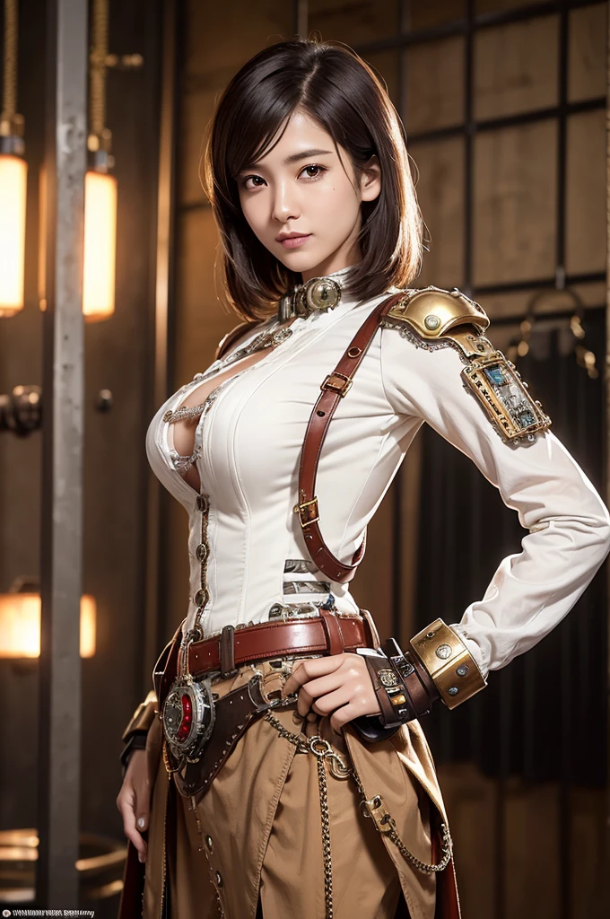 Woman portrait,Highest quality、Rear view、8K,Detailed face, clear, Fine skin、Clear, beautiful eyes、whole body、Curly Hair、My hair was messed up by the wind、The beauty of a smile、(Glamorous Muscle、tall),(Hip_superior, Hip superior), Mature Woman,( Watching the audience),Realistic, High resolution, Soft Light,1 female, alone, Hipアップ, Glowing Skin, (Detailed face), Sexy smile, Perfect Style, Perfect balance,Platinum gold hair,short hair,Naughty look,((Steampunk sari)),(,A white mecha with a checkered pattern of white, brown, silver, red and dark brown., High-tech Mecha,Beautiful steampunk cyborg woman,Burberry Check Steampunk Mecha Cyborg Girl,Light red steampunk light red and white jacket,Gemstone Helmet,wrist cuffs,belt,The king's cloak、Long skirt),((arms behind back)),(bokeh),(studio lighting)