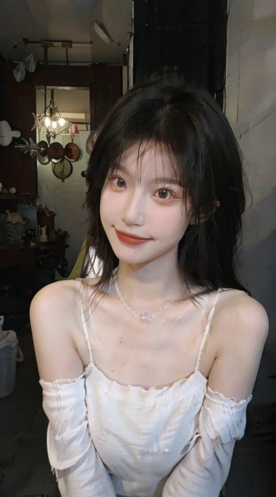 best qualtiy, Ultra-high resolution, (realisticlying:1.4),cute hairpin,Baoyu Girl,1girll, Beautiful woman with a slim figure:1.4, abs:1.1, (A brown-haired, mideum breasts:1.3), Long pink sweater:1.1, bathroom,Ultra-fine face,Elaborate Eyes,double eyelid,ssmile,choker necklace