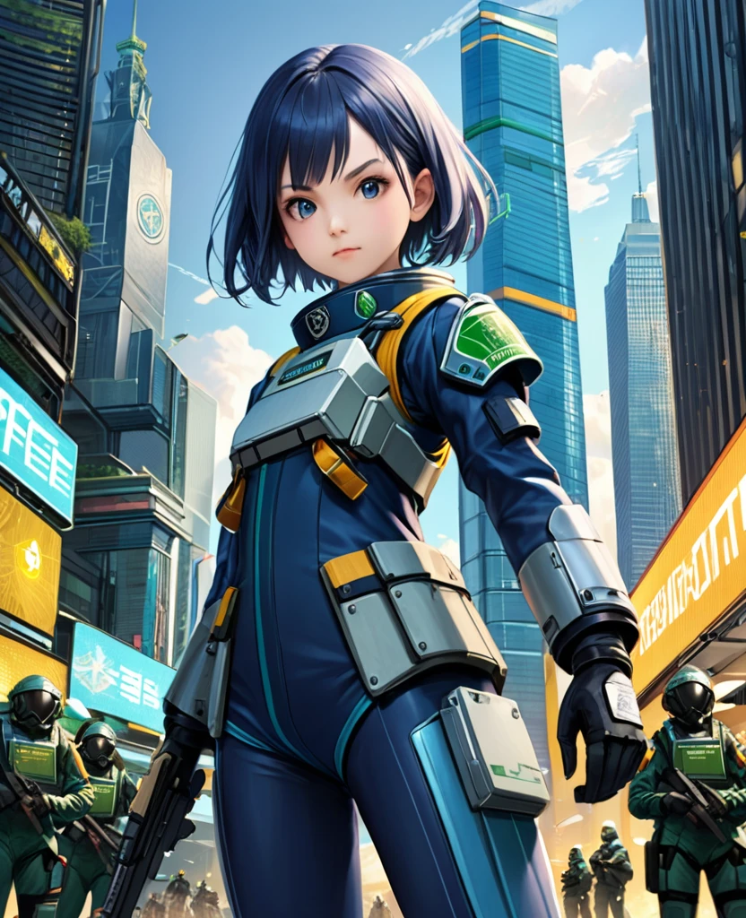 (best quality, masterpiece, ultra highres, ultra-detailed:1.2) ,A vibrant recruitment poster for the Earth Defense Force featuring a brave tween girl inviting others to join the ranks. The poster has a futuristic and hopeful atmosphere, with bold and clear design elements. In the center, a tween girl in Earth Defense Force uniform stands confidently, with a friendly and determined expression, reaching out her hand. The background shows the symbol of the Earth Defense Force and a futuristic cityscape. The colors are vivid and eye-catching, drawing attention to the central figure. At the top or middle of the poster, a powerful tagline reads: "Join the Earth Defense Force! Protect Our Future!" At the bottom, information on how to join and contact details are clearly displayed.BREAK.(girl,detailed face,(darkblue wavy-short hair),parallel eyebrows,small breasts),