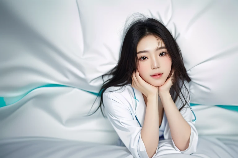 masterpiece, best quality, 1girl, (resting chin in hands), lying, hospital bed, Beautiful Japanese female doctor wearing white labcoat over teal scrubs, beautiful detailed face, pale skin, realistic skin, detailed cloth texture, detailed hair texture, accurate, Anatomically correct, Highly detailed face and skin texture , looking at viewer,