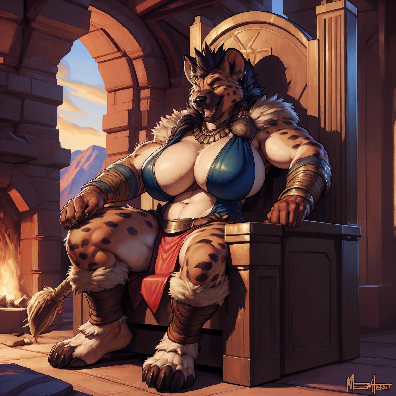uploaded to e621.net, masterpiece, 8k, hyena woman, matriarch, barbarian outfit, wooden throne, seated, huge breasts, laughing, by darkgem, by meesh, by bng, by duase, (by wfa:0.75),