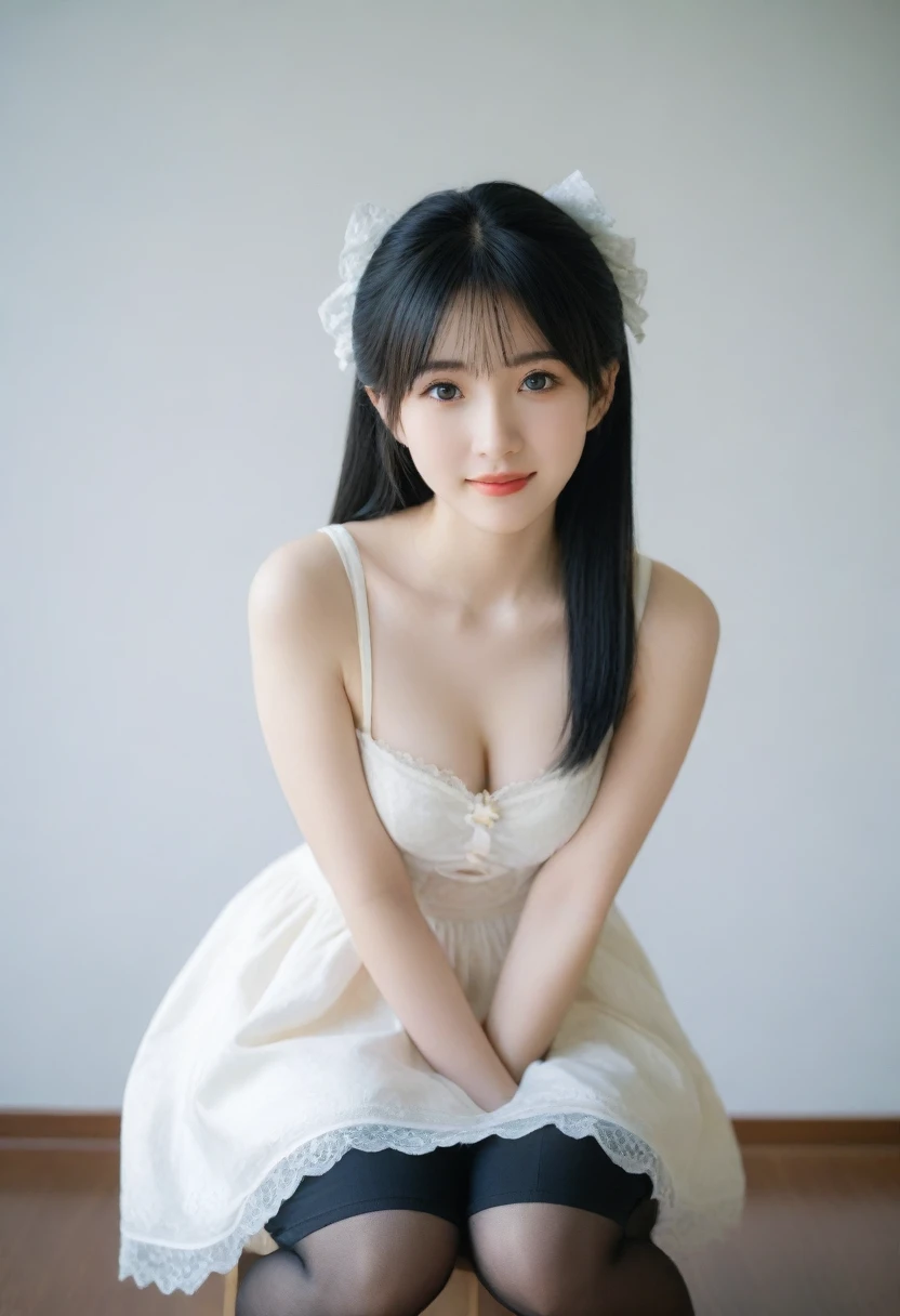 8K, Ultra-high resolution, Highest quality, masterpiece, 三分割法によるphotograph,Surreal, photograph, 1 girl, (16 years old:1.3), pretty girl, Cute face, Beautiful eyes in every detail, 細かくdetailedに,masterpiece,, One Girl:1.2, Japan Female Announcer,Young Wife,whole body、Black Hair、well-groomed eyebrows,Slutty Lip Makeup,1 Woman Standing, ,((White bondage and white gothic lolita)),Pencil Skirt、Black Stockings,Black high heels,Cute gestures、so beautiful,A carefree smile,Healing the heart,blunt bangs,Looking at the audience、beauty,Long neck、Laugh a little、Please close your mouth and laugh、(((Ideal body type))),A-cup small breasts :2,、Portraiture:2、Perfect Anatomy、鮮明なdetailed、detailed、Surreal、Light and shadow,Strong light