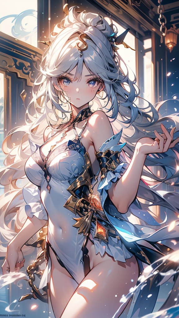 ((masterpiece, best quality)), Delicate face，goddess，whole body，Long legs，Standing picture，Perfect body proportions，Long wavy hair，beautiful eyes，Fantasy style，Extremely beautiful，Pure white background，Water Ripples，transparent，Sexy Lingerie，chain