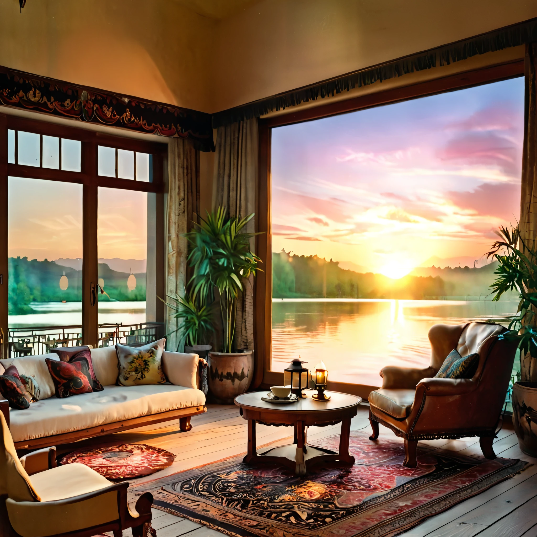 A vintage-inspired living room with a breathtaking sunset view over a peaceful lake. The room features large, framed glass doors that open wide to reveal the stunning view. The interior is decorated with antique furniture, including a comfortable armchair and a wooden coffee table. Vintage rugs and tapestries add warmth and character to the space. Soft lighting from vintage-style lamps and candles creates a cozy, nostalgic atmosphere. Indoor plants and decorative lanterns complete the inviting and charming design