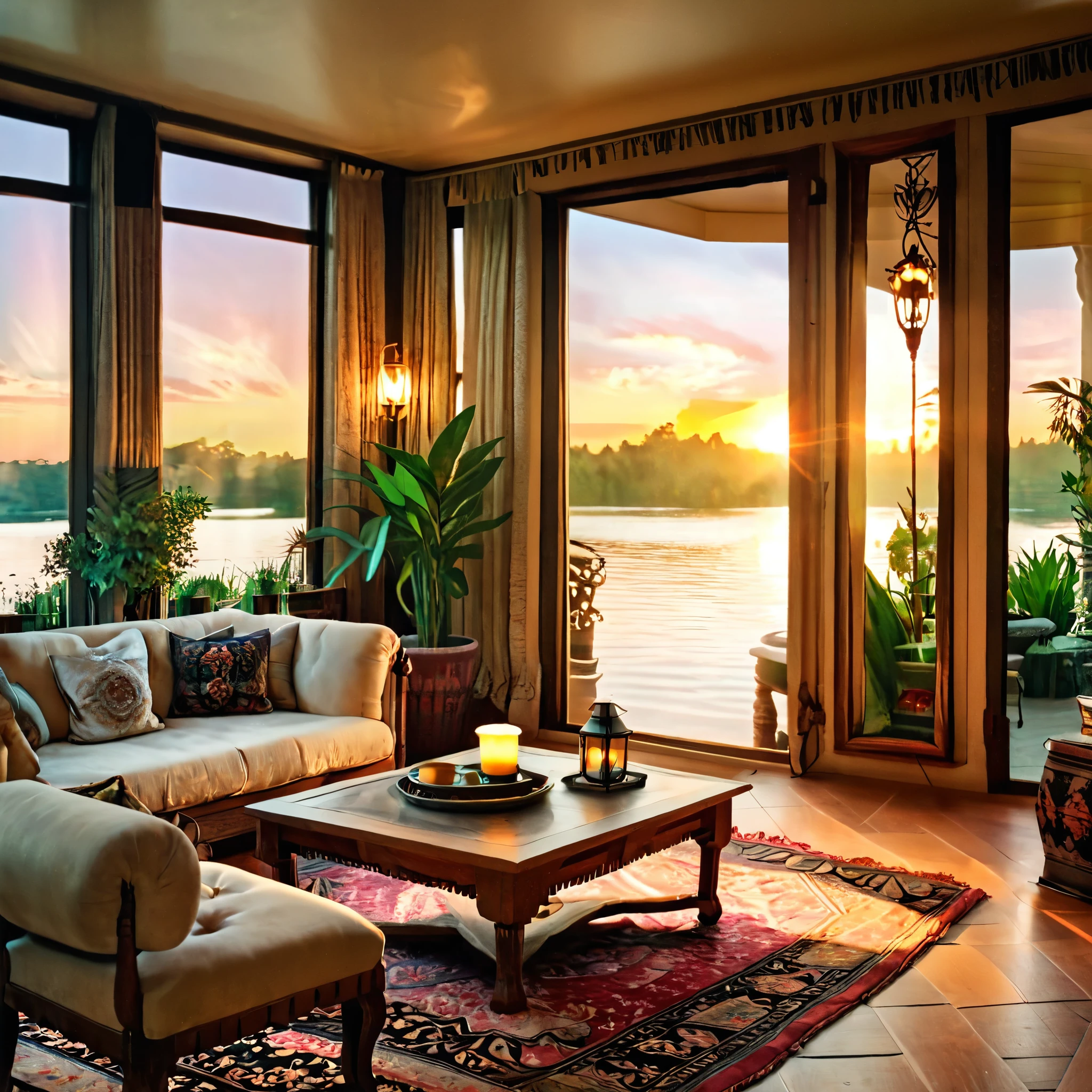 A vintage-inspired living room with a breathtaking sunset view over a peaceful lake. The room features large, framed glass doors that open wide to reveal the stunning view. The interior is decorated with antique furniture, including a comfortable armchair and a wooden coffee table. Vintage rugs and tapestries add warmth and character to the space. Soft lighting from vintage-style lamps and candles creates a cozy, nostalgic atmosphere. Indoor plants and decorative lanterns complete the inviting and charming design