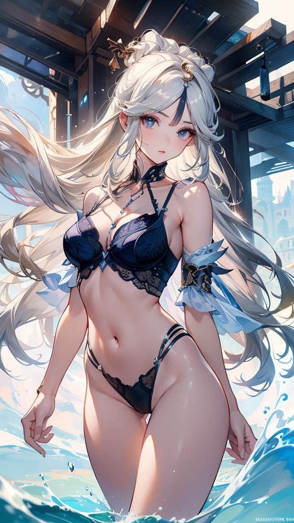 ((masterpiece, best quality)), Delicate face，goddess，whole body，Long legs，Standing picture，Perfect body proportions，Long wavy hair，beautiful eyes，Fantasy style，Extremely beautiful，Pure white background，Water Ripples，transparent，Sexy Lingerie，chain