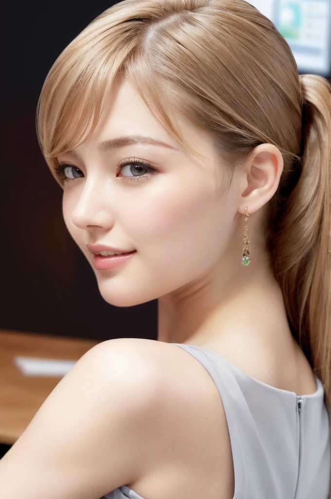 (RAW Photos, Highest quality), (Realistic, photo-Realistic:1.3), masterpiece, Very delicate and beautiful, Very detailed, CG, Unity , 2k wallpaper, wonderful, In detail, A light smile, Very detailed CG Unity 8k wallpaper, Large file size, Very detailedな, High resolution, Absurd, Soft Light, (((Medium Hair:1.3), Short bangs, Nova Frog Style)), Beautiful detailed girl, Detailed fingers, Very detailed eyes and face, Beautiful and sophisticated nose, Beautiful details, Long eyelashes, Light on the face, View Audience,((Office Suits:1.5)), One Girl, cute, young, Adult face, (whole body:1.3),  Realistic face, Realistic body, Beautiful thigh detail, 