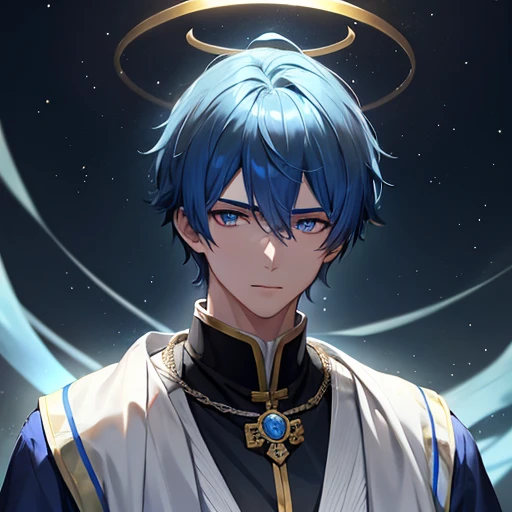 17-year-old male with a bluish aura surrounding him that shines like the stars. Her short hair is onyx black at night and is combed back with a beautiful and striking look.. His eyes are a light sky blue that shine with a sky blue glow.. His figure is imposing and muscular, His hands and forearms glow in a beautiful sky blue tone.. And he is dressed in Chinese emperor clothes. He has a neon blue halo on his head..He looks as solemn and beautiful as a god