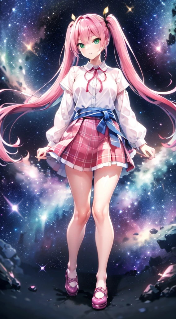 High detail, Super detailed, Ultra-high resolution, A girl having fun in a dreamlike galaxy, Surrounded by stars, The warm light that shines on her, Starry background with colorful galaxies and galactic clouds, The stars fly around her, Add a playful touch ,(((Pink long hair)))、(((Half Twin Tail)))、solo、Green Eyes、skirt、(((long back hair)))、shirt、shoes下、(Blue waistband)、白いshirt、((格子縞のskirt))、(Plaid)、sleevesa rolled up、chest、襟付きshirt、ribbon、Knee-high、bangs、shoes、(茶色のskirt)、赤いribbon、(茶色のプリーツskirt)、Mouth closed、ネックribbon、Medium breast 、Beautiful female fingers、Accurate Fingers、