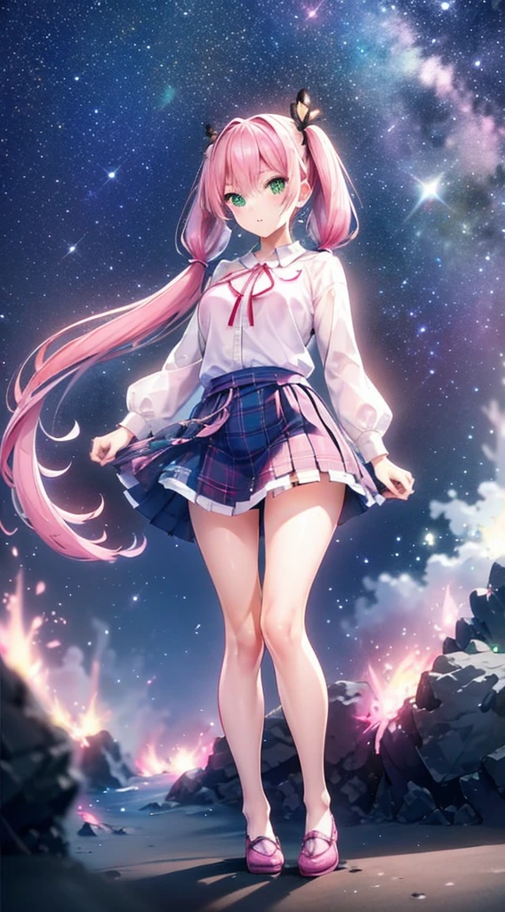 High detail, Super detailed, Ultra-high resolution, A girl having fun in a dreamlike galaxy, Surrounded by stars, The warm light that shines on her, Starry background with colorful galaxies and galactic clouds, The stars fly around her, Add a playful touch ,(((Pink long hair)))、(((Half Twin Tail)))、solo、Green Eyes、skirt、(((long back hair)))、shirt、shoes下、(Blue waistband)、白いshirt、((格子縞のskirt))、(Plaid)、sleevesa rolled up、chest、襟付きshirt、ribbon、Knee-high、bangs、shoes、(茶色のskirt)、赤いribbon、(茶色のプリーツskirt)、Mouth closed、ネックribbon、Medium breast 、Beautiful female fingers、Accurate Fingers、