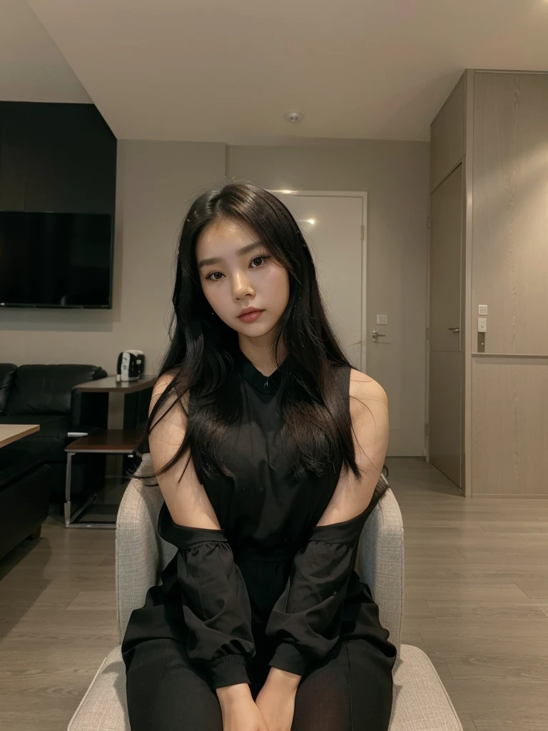 there is a woman sitting in a chair in a room, korean girl, sitting in a lounge, gorgeous young korean woman, beautiful south korean woman, taken in 2 0 2 0, 8k)), sakimichan, korean woman, gorgeous lady, ulzzang, black outfit, wearing in black clothes, with long hair, bbwchan, wearing black clothes