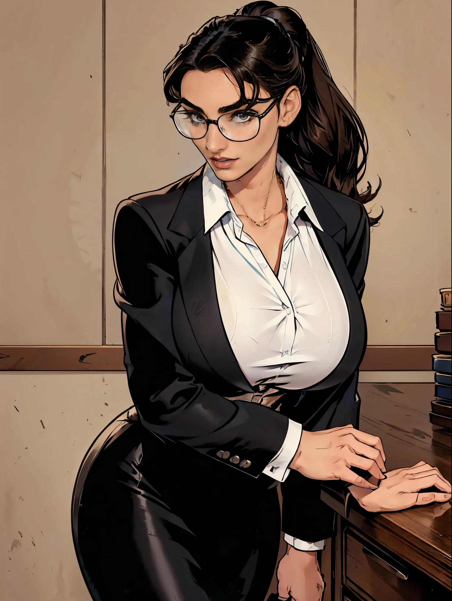 Gorgeous and sultry busty athletic (thin) brunette with sharp facial features and a (large nose) and (huge boobs) wearing a black blazer, white blouse and black pencil skirt, glasses, updo
