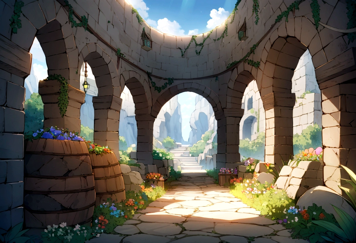 ((((masterpiece, Highest quality, High resolution)))),High detail, manga,anime,Illustration Style,Use of bright colors,Ghibli Studio,Similar to the colors used in daytime scenes, Medieval European fantasy world, Extremely detailed 8K, High detail,cave,Remainsとcave,maze,Remains,古いRemains,Flowers are blooming profusely,Remainsと花,Flowers, Game Sword,Hero's Sword,Dirty Sword,Lying Sword,Luxurious sword,, Both indoor and outdoor displays. The arches and walls are made of rustic stone, Gives a quaint and attractive look. The store is transparent, Colorful rocks visible beneath the surface. The sky is bright blue、Fluffy white clouds floating, And the sun is shining brightly, Create a magical and cozy atmosphere.