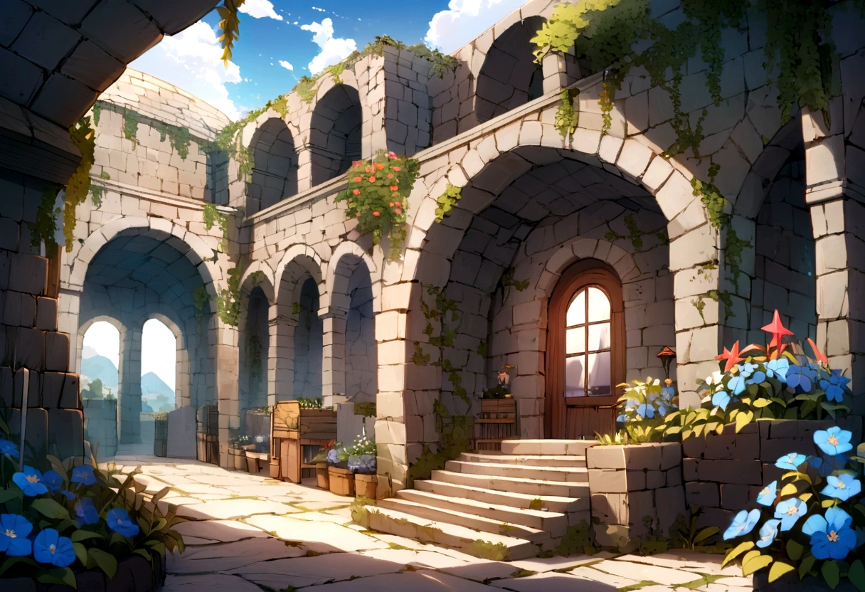 ((((masterpiece, Highest quality, High resolution)))),High detail, manga，anime，Illustration Style，Use of bright colors，Ghibli Studio，Similar to the colors used in daytime scenes, Medieval European fantasy world, Extremely detailed 8K, High detail,cave,Remainsとcave,maze,Remains,古いRemains,Flowers are blooming profusely,Remainsと花,Flowers, Game Sword,Hero&#39;s Sword,Dirty Sword,Lying Sword,Luxurious sword,, Both indoor and outdoor displays. The arches and walls are made of rustic stone, Gives a quaint and attractive look. The store is transparent, Colorful rocks visible beneath the surface. The sky is bright blue、Fluffy white clouds floating, And the sun is shining brightly, Create a magical and cozy atmosphere.