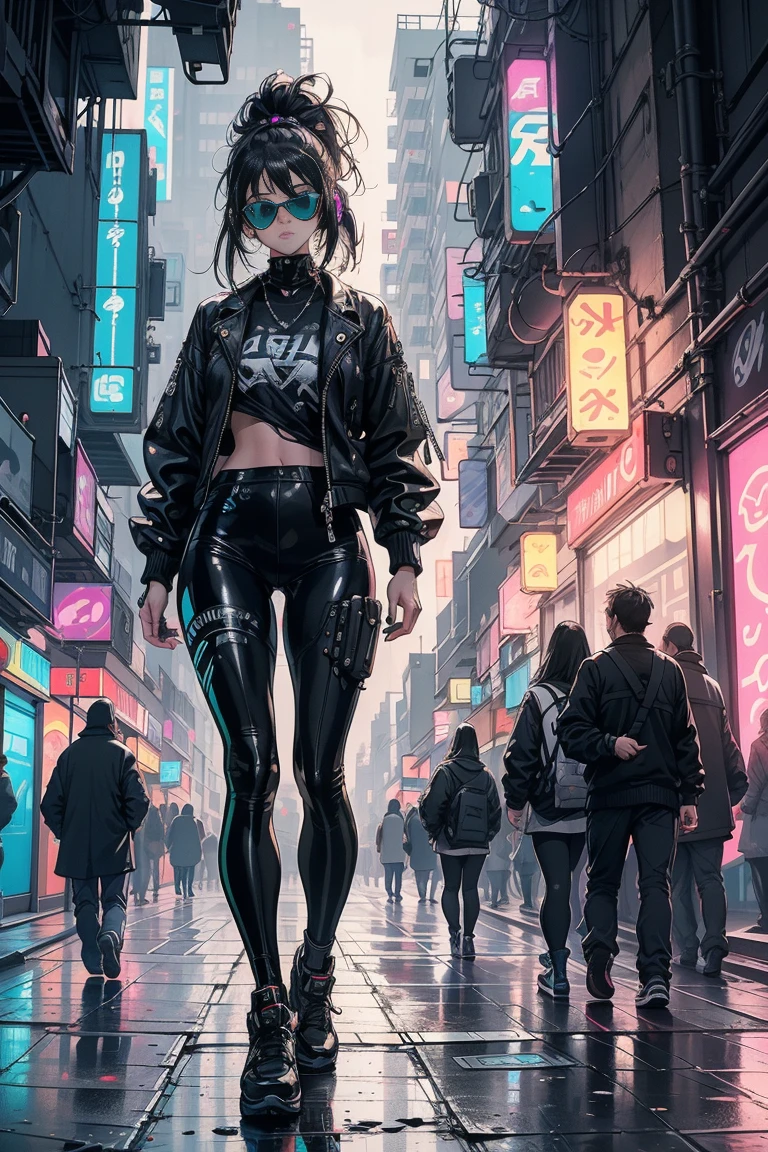 1 girl ,Masterpiece, Best Quality, ultra detailed, illustration, Cyberpunk rebel hackers style: Futuristic city quality: Sharp and dynamic, Character representation: A character who is an expert in lighting technology: The city's neon lights reflect its cybernetic improvements..
shading: Strong contrasts emphasize its confident and bold nature..
Clothes: Leather jacket with high-tech leggings. (black t-shirt), augmented reality glasses background: Alleys filled with holographic graffiti and neon signs, listening to music with headphones using a walkman