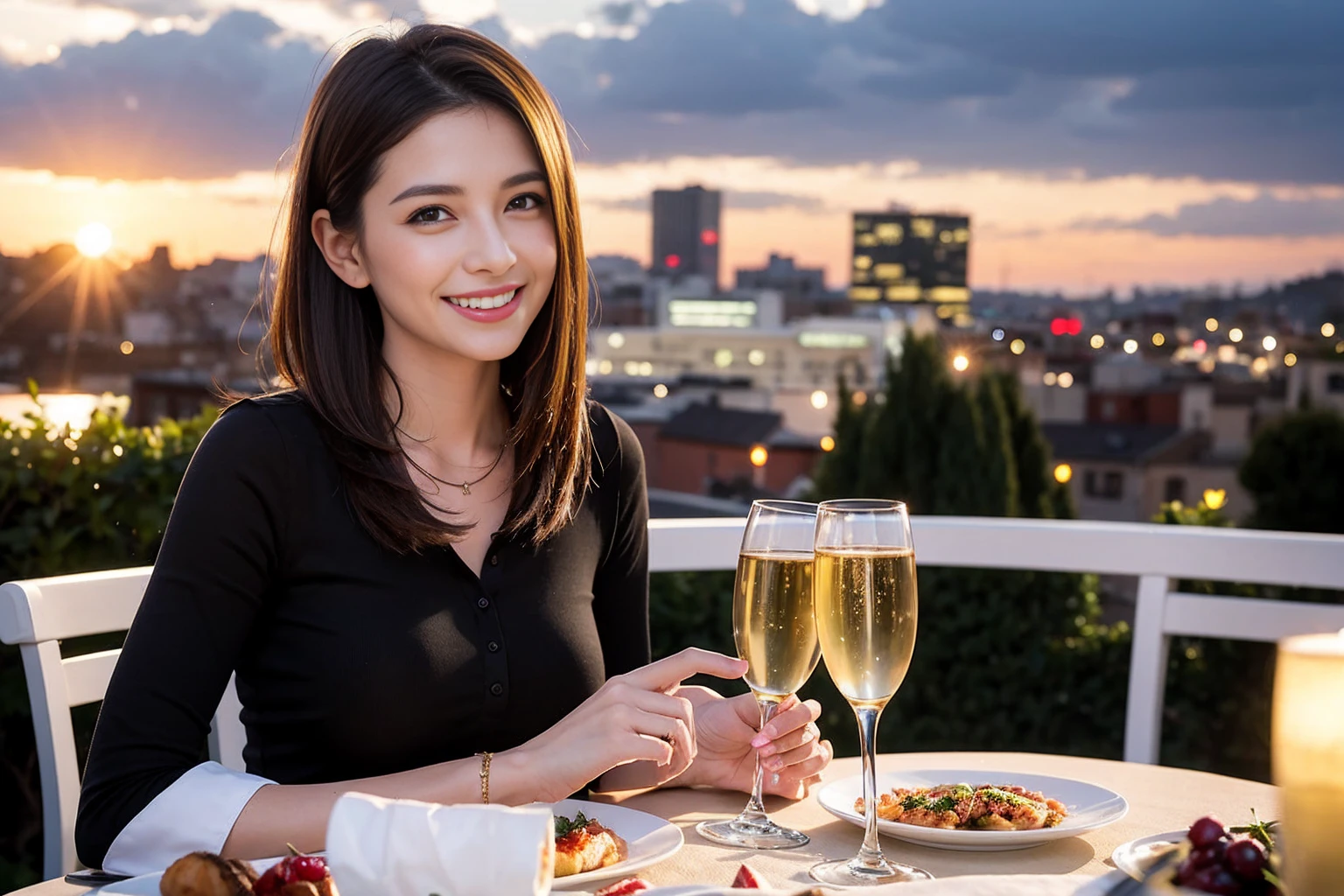 ((Highest quality、8K、masterpiece:1.3))、1 male 1 female、Slim lover、Beautiful couple、Smile、full-course dinner、 (Slim face), (the body is スリム), (Brown Hair), (Shortcuts), ((Bob Hale、Straight hair:1.2)), テーブルの上のwine glass、Shine light on your face、 Amazing view of the sunset sky and clouds、The beauty of a smile、Bright image、Blushing, Shortcuts, (Age 35), 39 years old, Appetizers、Italian food、Wine bottle、Champagne、sparkling wine、Long sleeve shirt、dress、Attractive beauty、restaurant, Nova Frog Style, actress, model, Upper Body, White wine, red wine, wine glass,