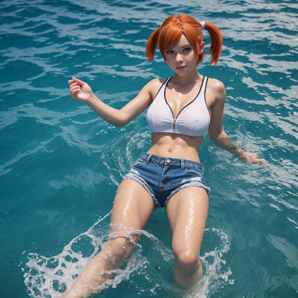 A beautiful, full body detailed scene of pokemon triner misty, big butt and tiny breasts, upper torso turn, white mini top covering only the upper breats, navel and waist visible, tiny blue denim shorts, zipper very open, swimming under ocean, opened, beautyfull long legs, bare feet, hands up, black suspenders from shorts, detailed short orange hair in two short pigtails, realistic blue eyes, perfect face, view from down, 1 girl, beautiful detailed eyes, , puffed cheeks, detailed lips sending kiss to viewer, some burbbles, pokemon starmie swimming below, wet clothes, hair agitated by water, photorealistic, high quality, masterpiece, ultra-detailed, lighting, photorealistic style