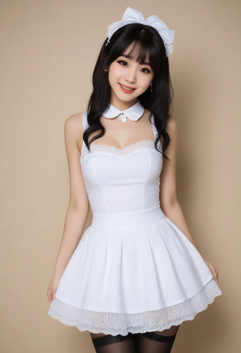 8K, Ultra-high resolution, Highest quality, masterpiece, 三分割法によるphotograph,Surreal, photograph, 1 girl, (16 years old:1.3), pretty girl, Cute face, Beautiful eyes in every detail, 細かくdetailedに,masterpiece,, One Girl:1.2, Japan Female Announcer,Young Wife,whole body、Black Hair、well-groomed eyebrows,Slutty Lip Makeup,1 Woman Standing, ,((White bondage and white gothic lolita)),Pencil Skirt、Black Stockings,Black high heels,Cute gestures、so beautiful,A carefree smile,Healing the heart,blunt bangs,Looking at the audience、beauty,Long neck、Laugh a little、Please close your mouth and laugh、(((Ideal body type))),A-cup small breasts :2,、Portraiture:2、Perfect Anatomy、鮮明なdetailed、detailed、Surreal、Light and shadow,Strong light