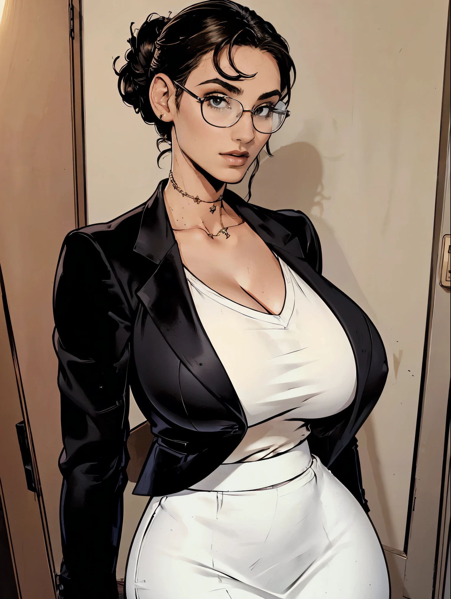 Gorgeous and sultry busty athletic (thin) brunette with sharp facial features and a (large nose) and (huge boobs) wearing a black blazer, white blouse and black pencil skirt, glasses, updo. Cleavage.