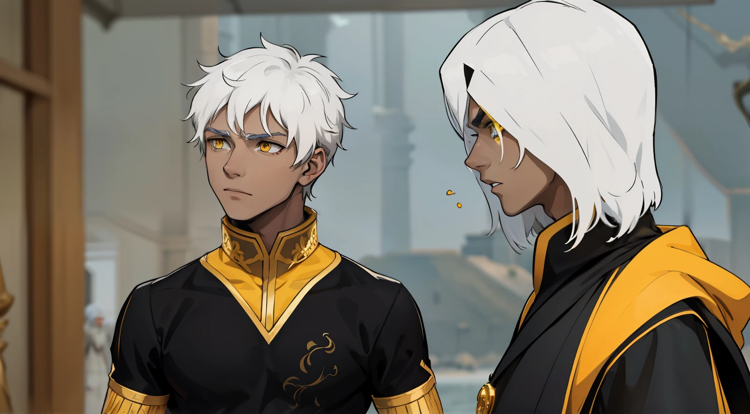 Two demigods with white hair, yellow eyes, suits, black tunics with yellow and golden jewelry, are talking, they are surprised because someone has arrived and seen them.