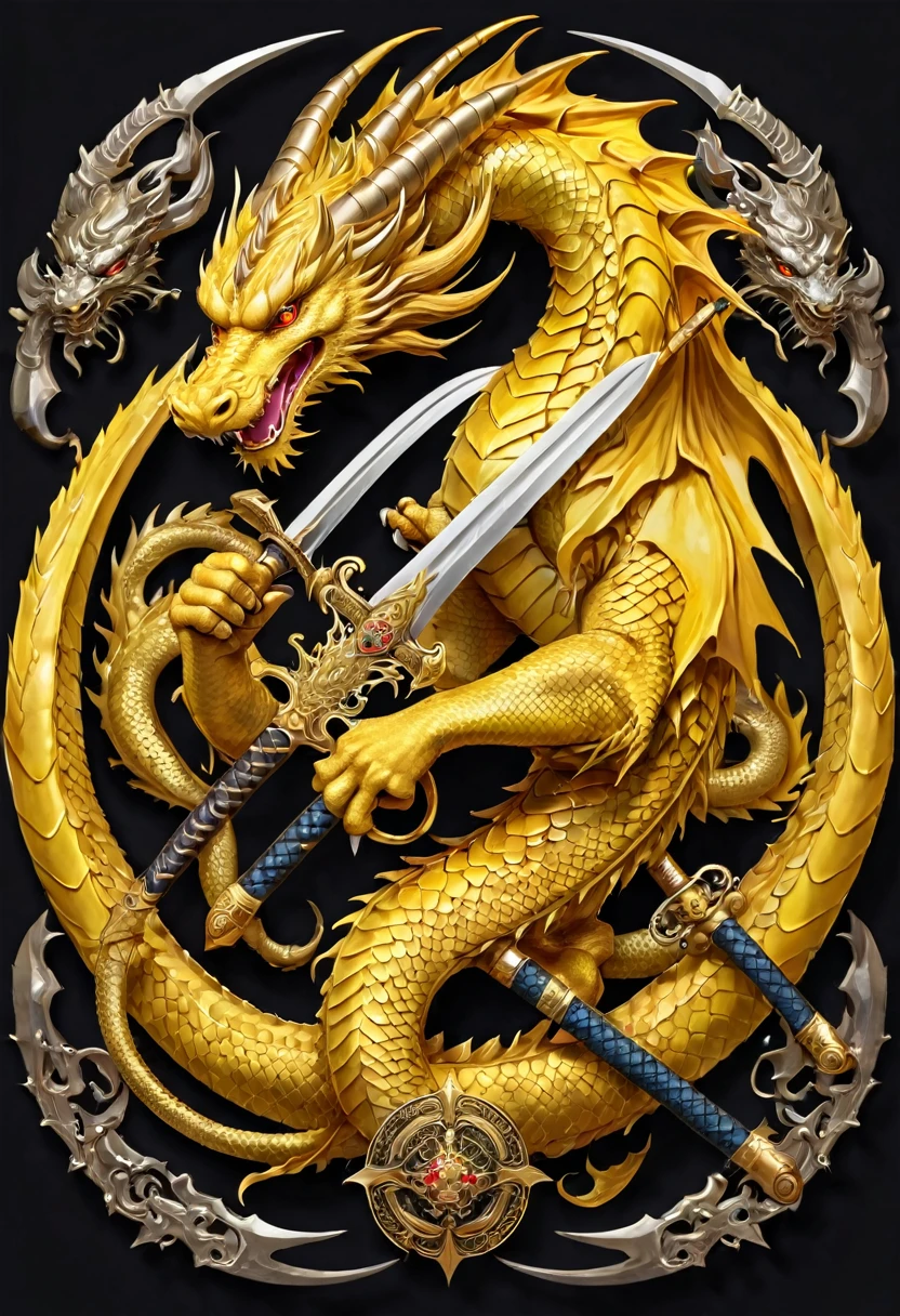 A golden-yellow Asian dragon is curled in a circle surrounded by many weapons such as swords, swords, and swords.