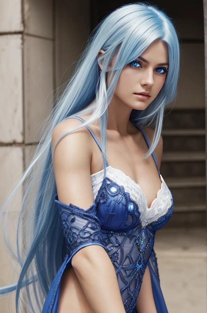 Create a girl similar to Adelaida Kane with sapphire blue eyes and white hair. 