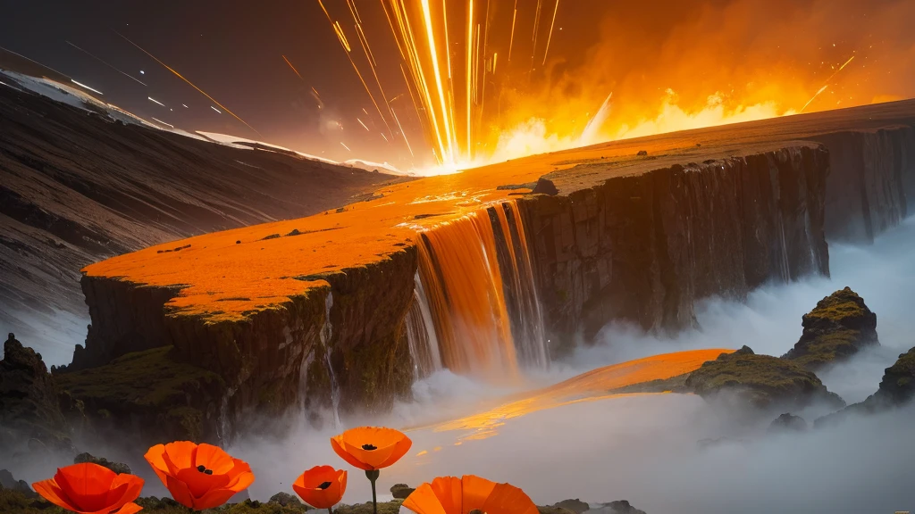 32k, Masterpiece, Highest quality, One girl, Detailed eyes, flower,Iceland Poppy, Orange and yellow style,A dreamy, romantic piece,Pale yellow, Mysterious Leaves,A playful arrangement,Fantasy,High Contrast,Ink strokes,explosion,Exposure, Impression of orange and yellow tones,Abstract,((Watercolours by John Berkey and Jeremy Mann )) Brush strokes,Negative Space, Tyndall effect,