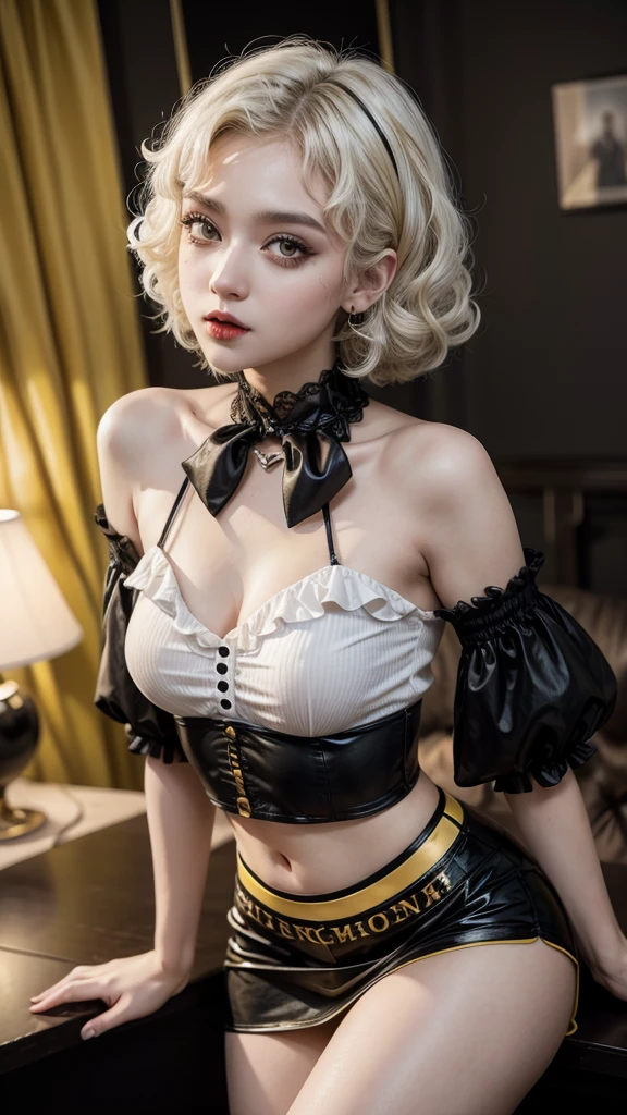 Black-haired gothic woman with white curls, yellow eyes, mini skirt, short blouse with heart neckline, black lipstick